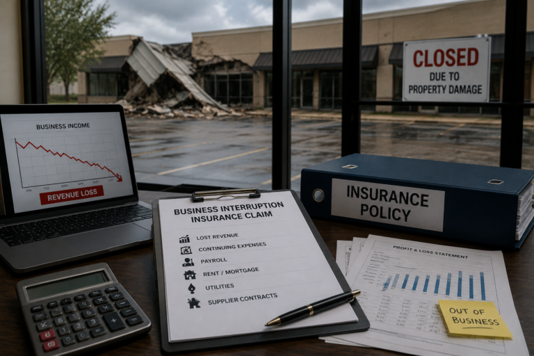 A closed storefront beside a falling revenue chart, representing a business interruption loss